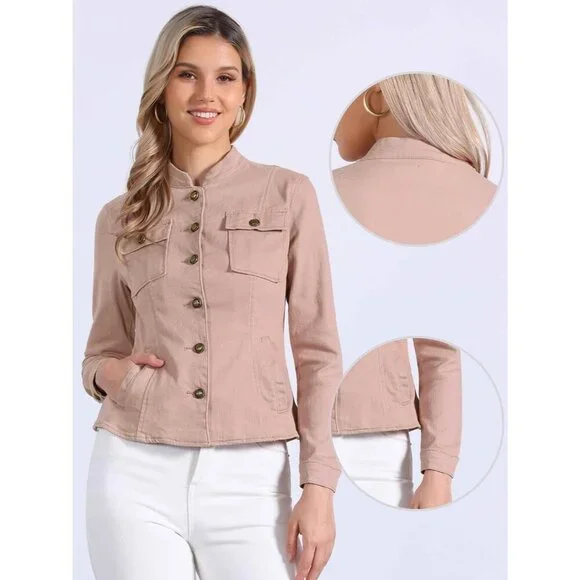 Women's Casual Denim Jacket Classic Stand Collar Long Sleeve Jean Jacket Pink - Picture 4 of 5